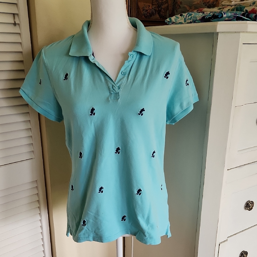 Disney embroidered mickeys large polo aqua blue vintage